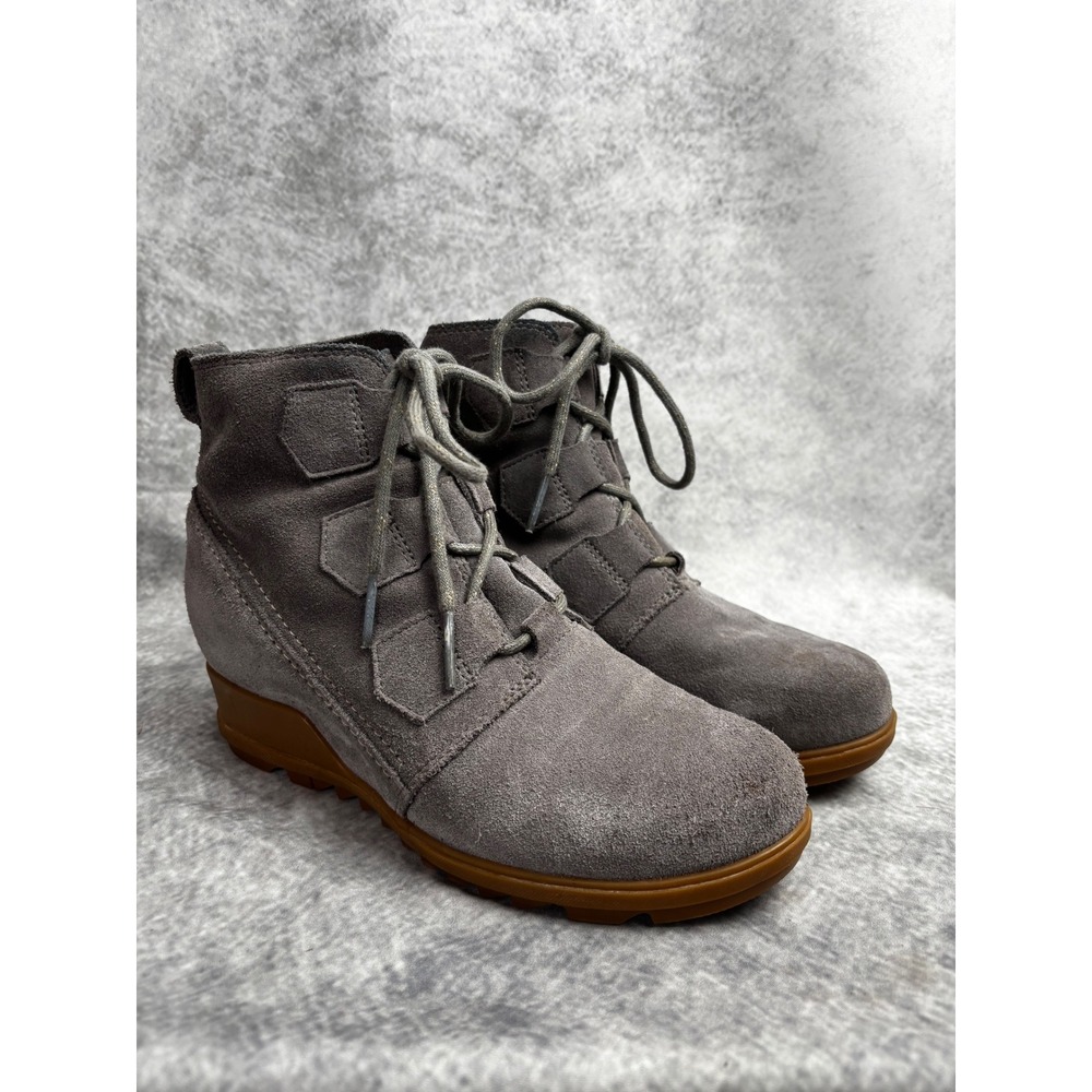 Sorel Women's Evie Gray Suede Waterproof Wedge Lace Up Ankle Boot Size 8